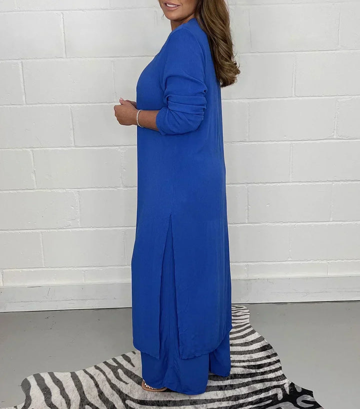 Women's Long Sleeve V-Neck Slit Top & Pants Set Relaxed Fit, view 6 - Elena Harper