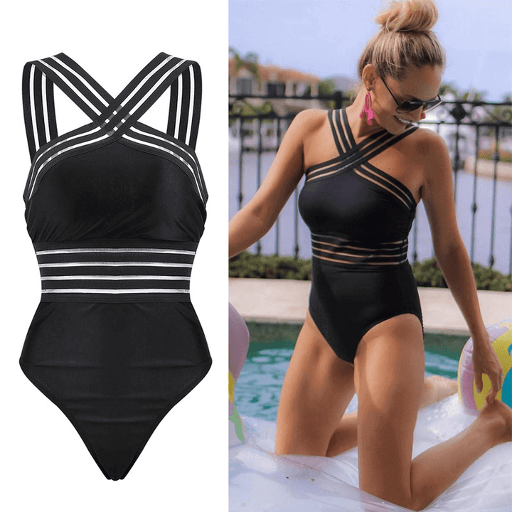 Striped Mesh One-Piece Swimsuit, view 4 - Elena Harper