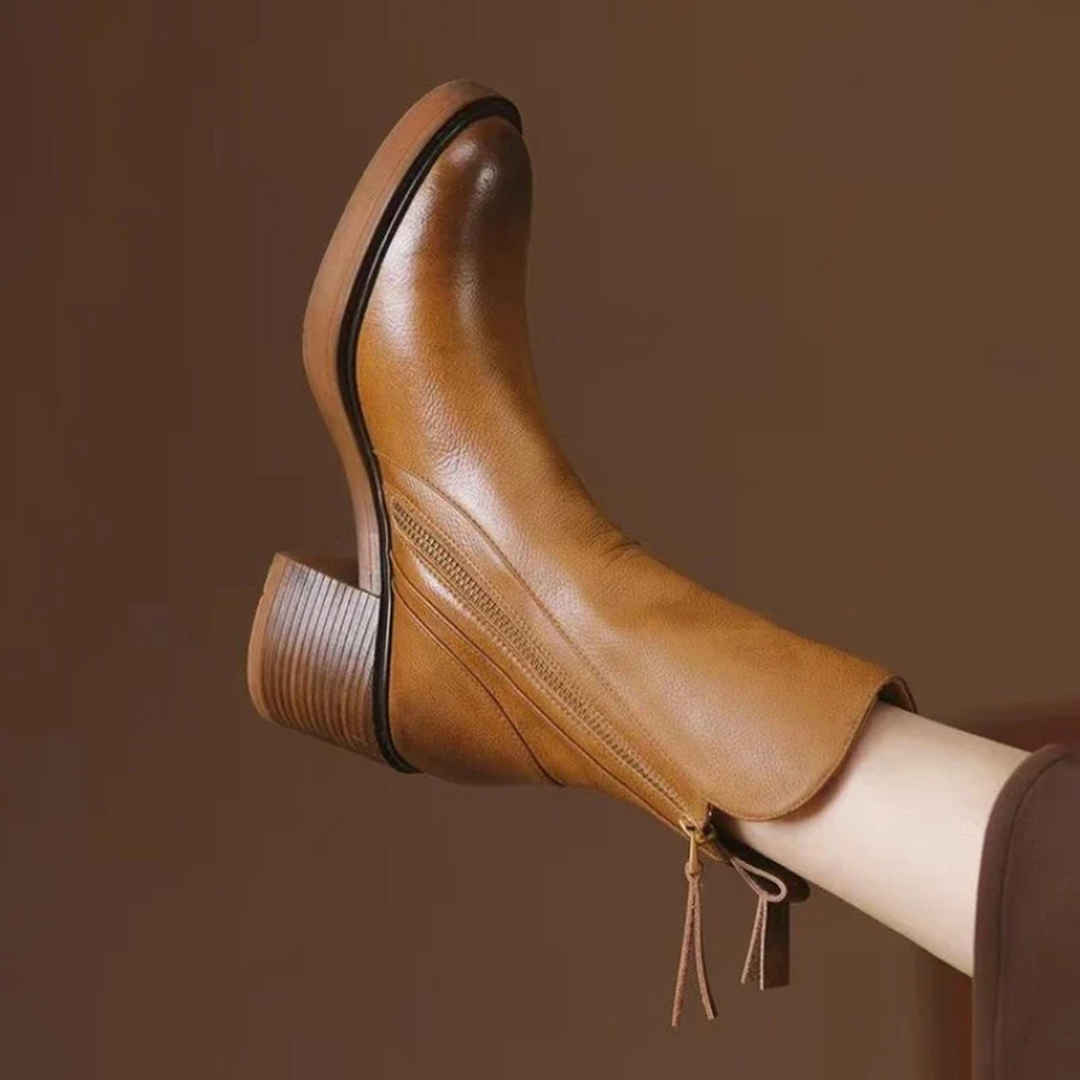 Women's Leather Heeled Ankle Boots – Stylish Ankle Boots with Cushioned Insole and Metal Zip