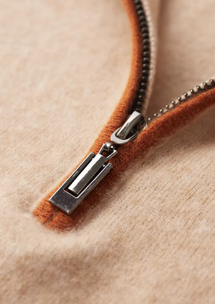 Emma & Rose cashmere two-tone zip polo — premium knitwear