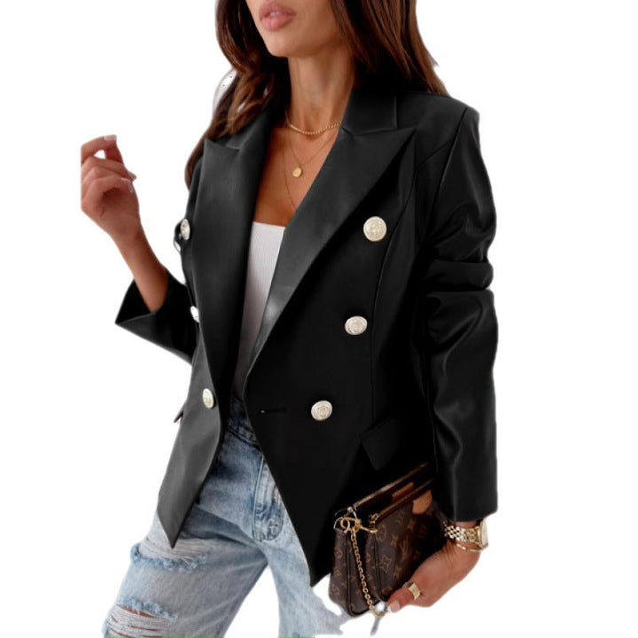 Women's Long Sleeve Double-Breasted Synthetic Leather Blazer – Chic, Elegant, Casual, and Dressy Style