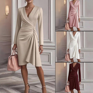 Elegant Women's Midi Dress with Ruched V-Neck – Fitted A-Line Cut