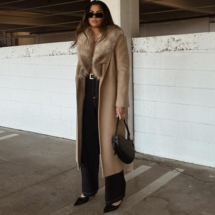 Long women's coat with wrap collar and crossover closure - Eirlys