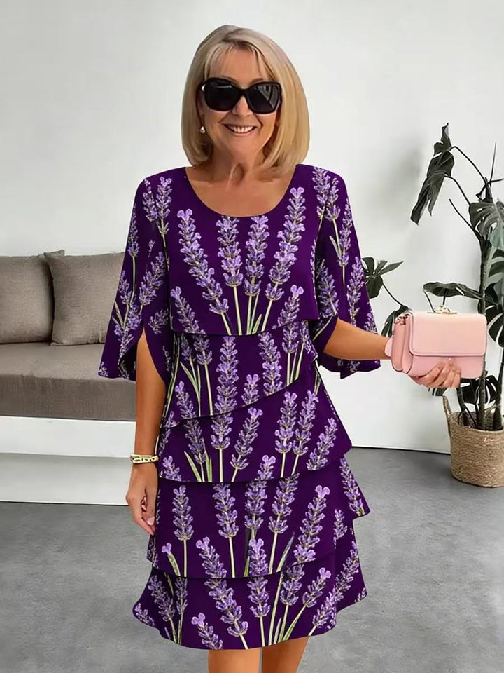 Mid-Length Women's Dress with Layered Ruffles and Split Sleeves in Lavender Print, view 9 - Elena Harper