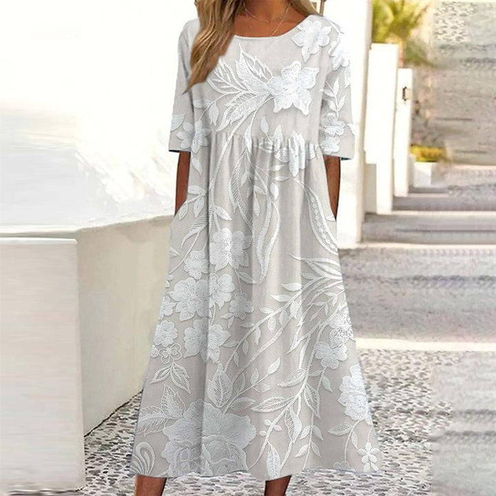 Dovie Timeless Long Floral Dress with 3/4 Sleeves - Elena Harper