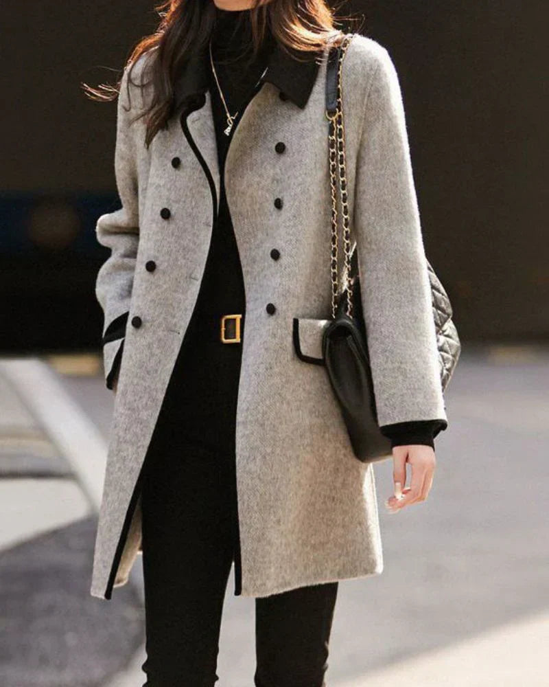 Premium Contrast Wool Coat for Women – Elegant Buttoned Design