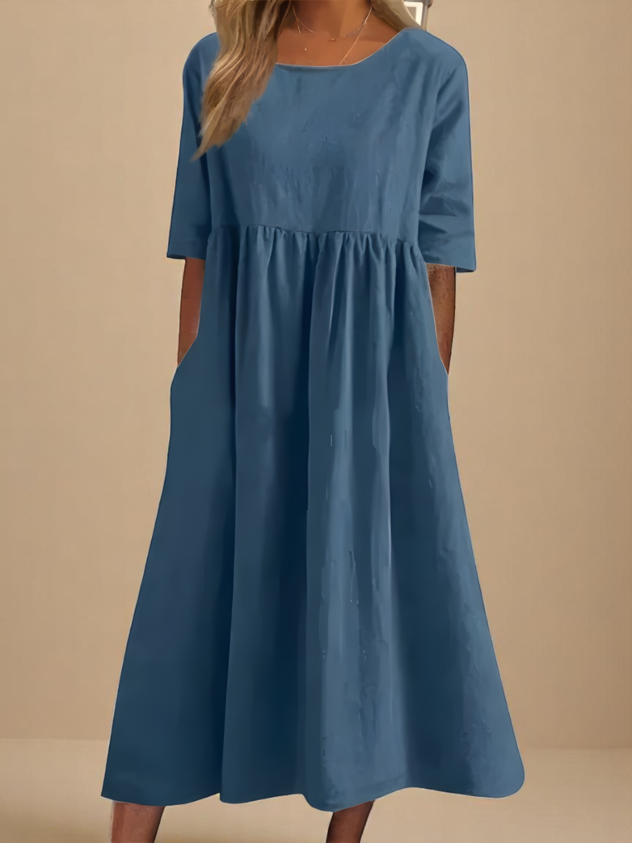 Long Cotton Dress for Women, Loose Fit, Round Neck, Comfortable Pockets, Summer - Elena Harper