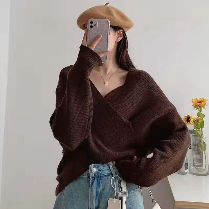 Women's Sweater with V-Neck and Exposed Shoulders - Soft and Modern