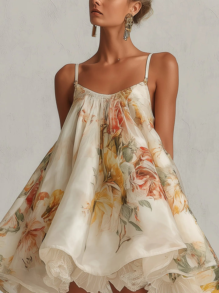 Beige floral organza A-line mini dress with lace trim, view 4 - Elena Harper