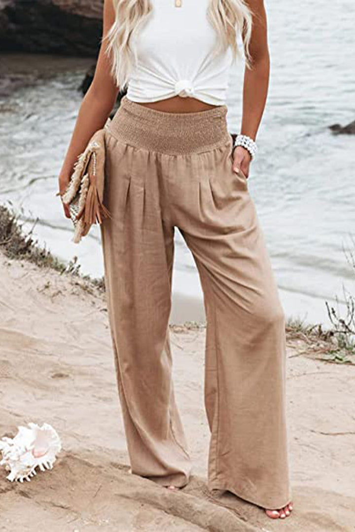 Pam | High-Waisted Smocked Waist Trousers - Lightweight & Flowing Fit