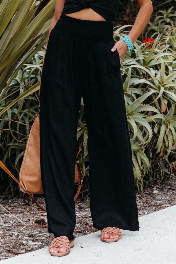 Pam | High-Waisted Smocked Waist Trousers - Lightweight & Flowing Fit