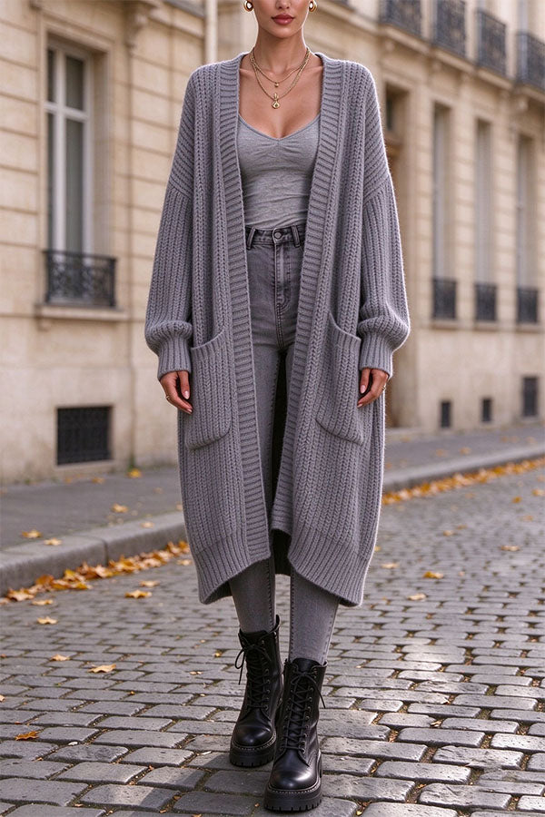 Trendy Thick Knit Open Front Long Sleeve Pocket Oversized Midi Cardigan