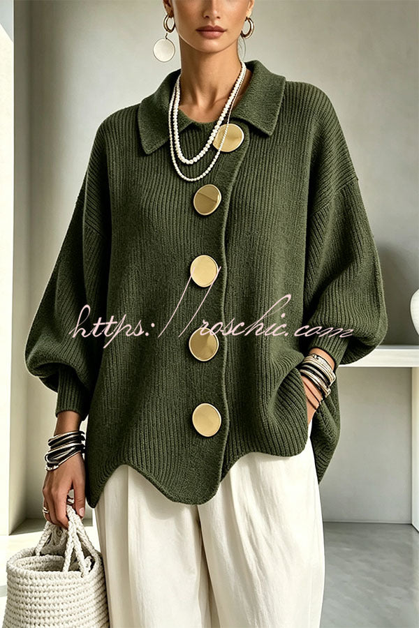 Shelia Knit Oversized Metal Buckle Balloon Sleeve Lapel Cardigan (Shipped Within 24 Hours), view 10 - Elena Harper