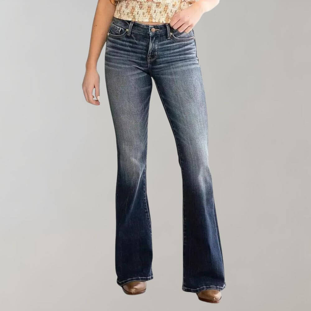 Women's Mid-Waist Slim Fit Stretch Flared Jeans, view 6 - Elena Harper