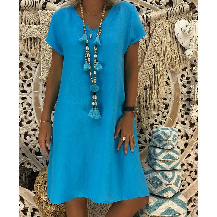 Samaira | Women's Midi Dress with V-Neck and Short Sleeves | Soft