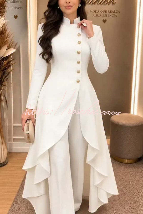 Jemma Stand Neck Long Sleeve Button High Low Hem Top and Wide Leg Pants Set (Shipped Within 24 Hours)