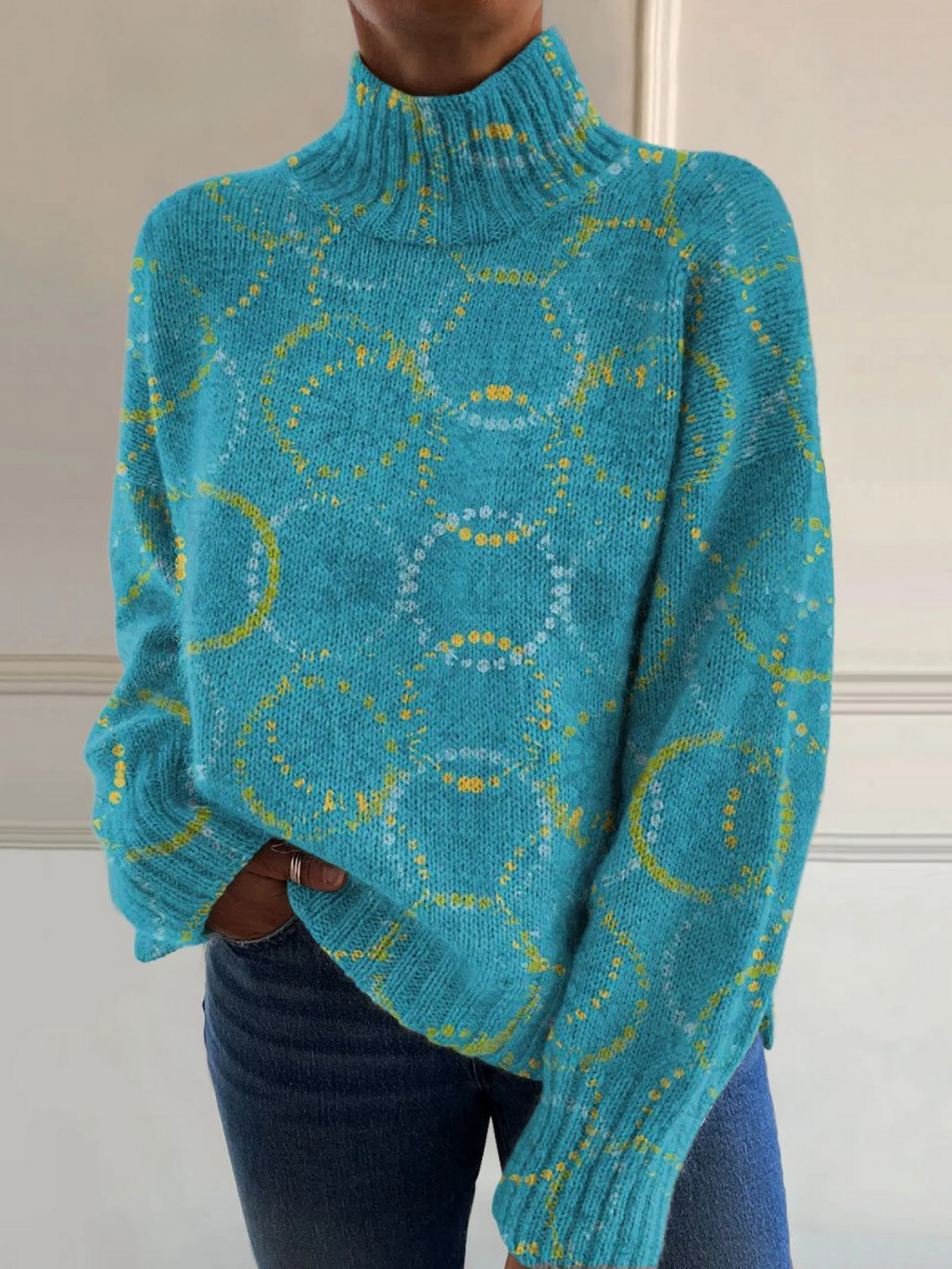 Bright circle art print turtleneck by Emma & Rose Cape Town, featuring vibrant circular design on a cozy knit sweater.