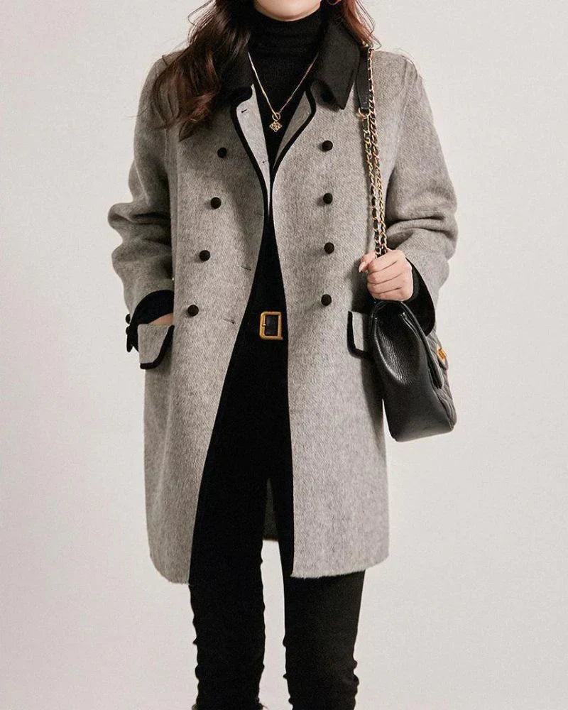 Premium Contrast Wool Coat for Women – Elegant Buttoned Design