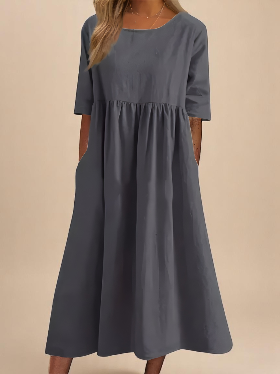 Long Cotton Dress for Women, Loose Fit, Round Neck, Comfortable Pockets, Summer, view 2 - Elena Harper