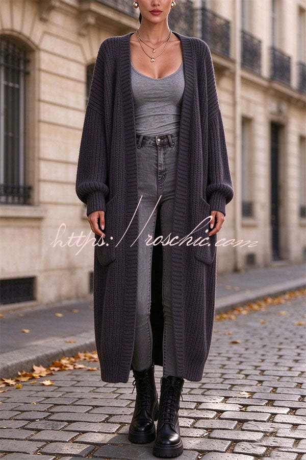 Trendy Thick Knit Open Front Long Sleeve Pocket Oversized Midi Cardigan