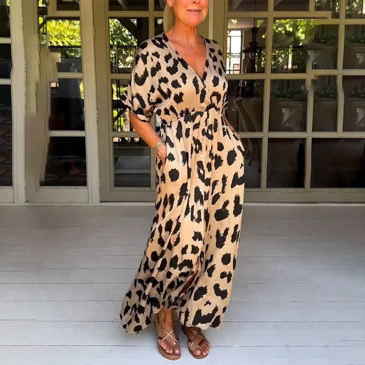 Women's Flowy V-Neck Leopard Print Maxi Dress