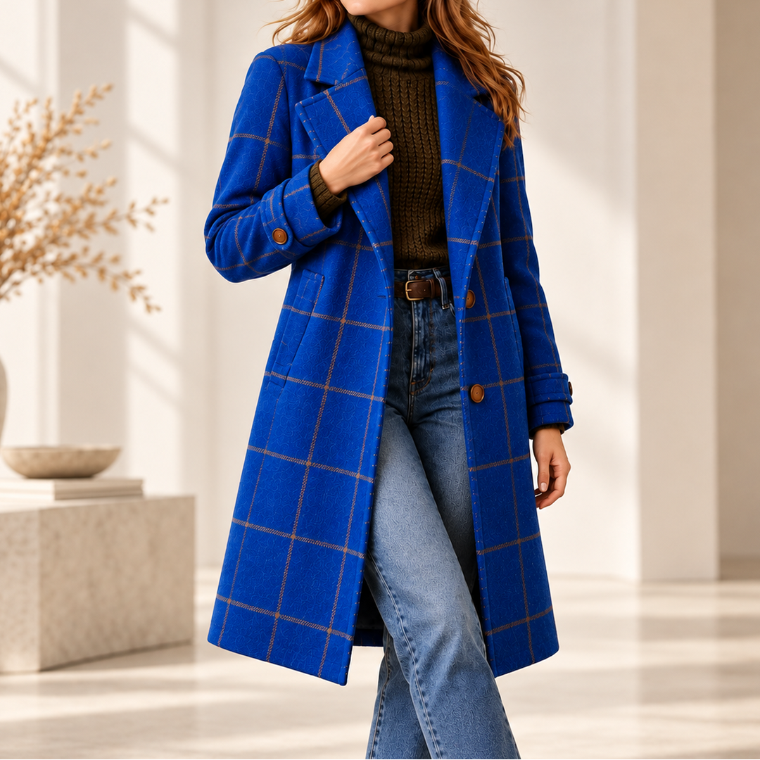 Checkwell Royal Blue Checkered Two-Button Coat - Elena Harper