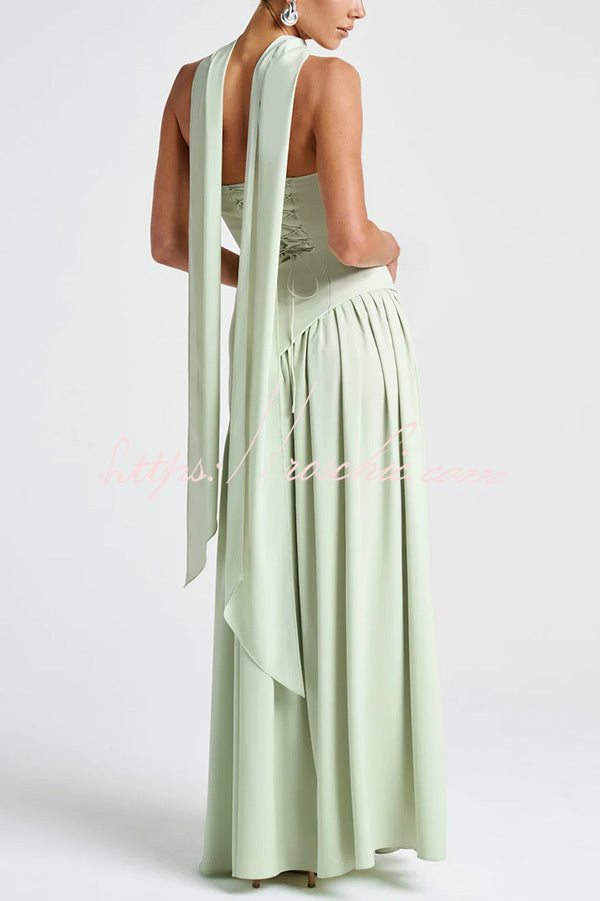 Elegant Off Shopulder Chiffon Pleated Hem Scarf Slit Maxi Dress