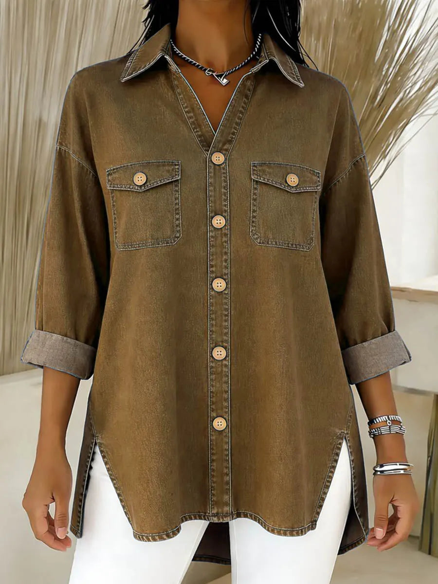 Women's Long Denim Shirt with Loose Fit and Pockets