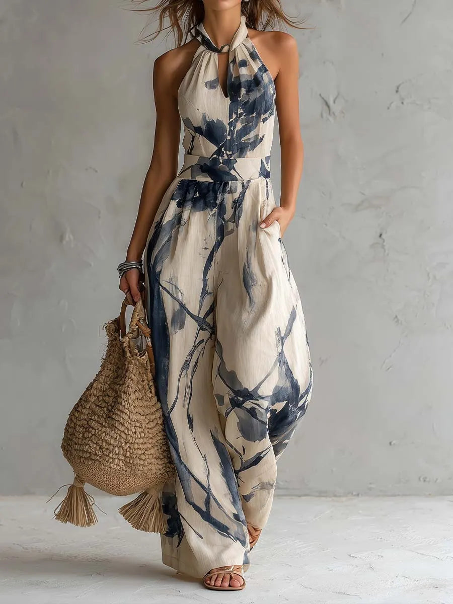 Faye - Halter Neck Ink Wash Print Wide Leg Jumpsuit With Pockets