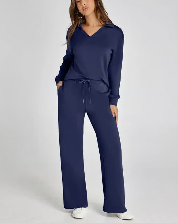 Autumn Women's Two-Piece Set with High Neck Sweatshirt and Wide Leg Pants