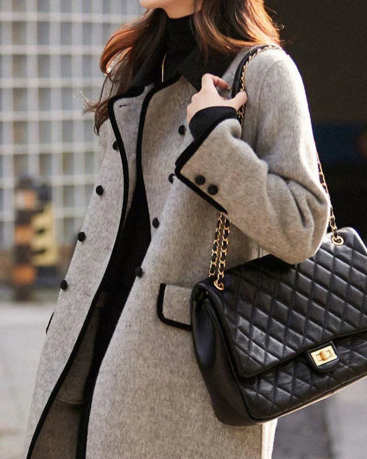 Premium Contrast Wool Coat for Women – Elegant Buttoned Design