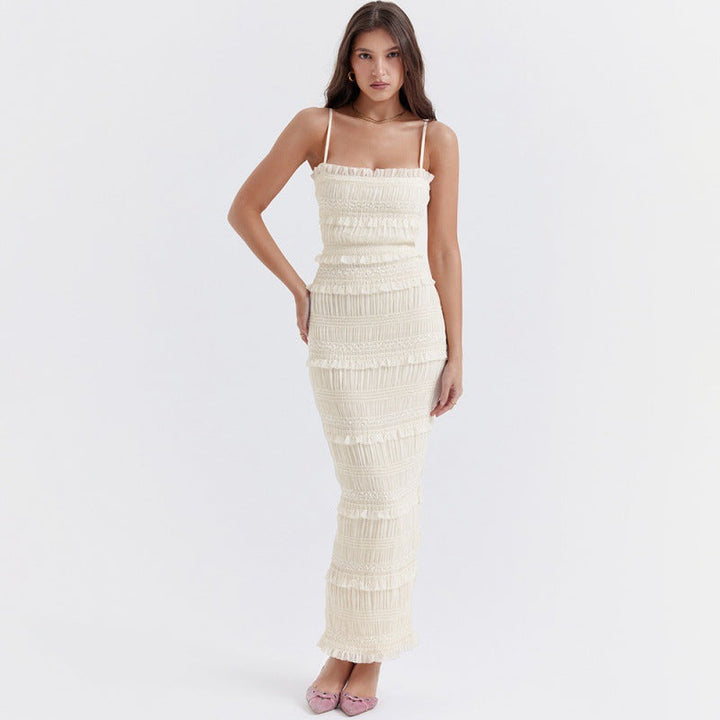 Long Women's Dress with Thin Straps and Sequin Details – Elegant
