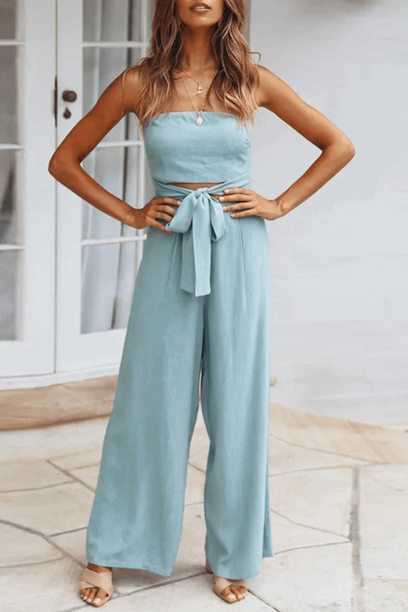 Women's Strapless Wide Leg Jumpsuit with Tie Waist