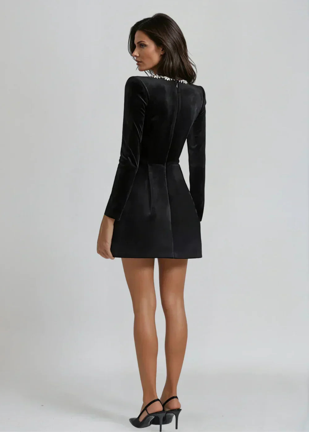 Mini Velvet Dress for Women with Square Neckline, Long Sleeves, and Flared Skirt, view 6 - Elena Harper