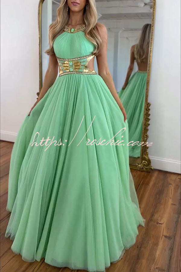 Egyptian Princess Tulle Metal and Gemstone Ornament Cutout Halter Backless Maxi Dress, view 5 - Elena Harper