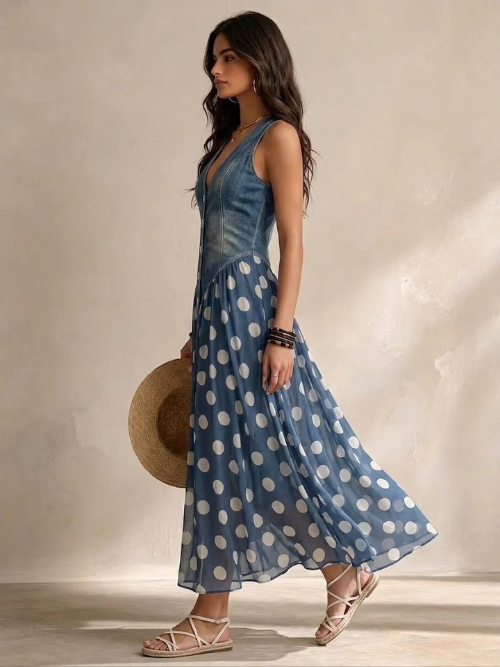 Long women's dress with denim effect and fluid polka dot skirt