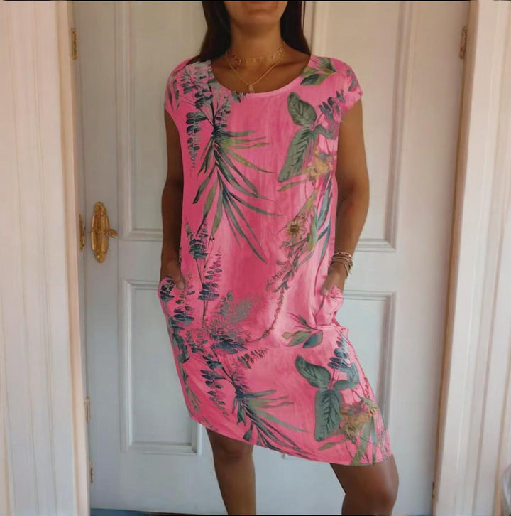 Teres Round Neck Dress with Botanical Print, view 5 - Elena Harper