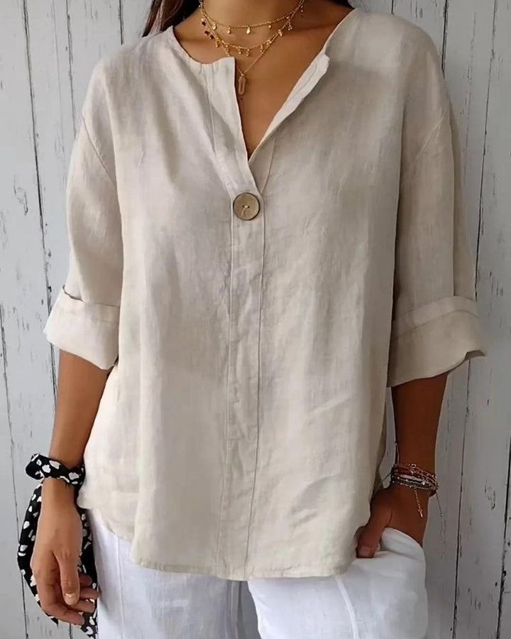 ARAI Cotton and Linen Top with V-Neck and Buttons, view 2 - Elena Harper