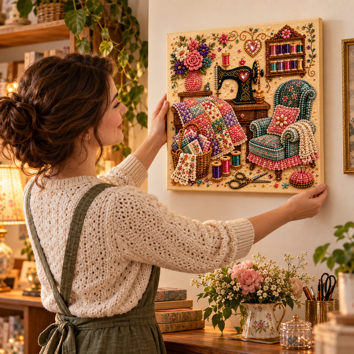 CozyGlow Sewing Room Diamond Painting Kit - Elena Harper