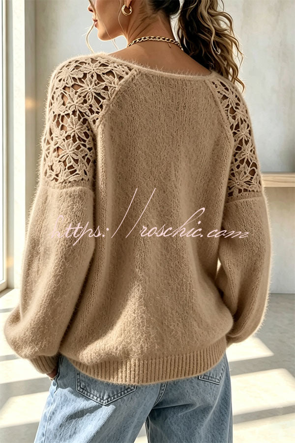 Faux Mink Knit Crochet Flowers Shoulder Wide Neck Long Sleeve Loose Sweater