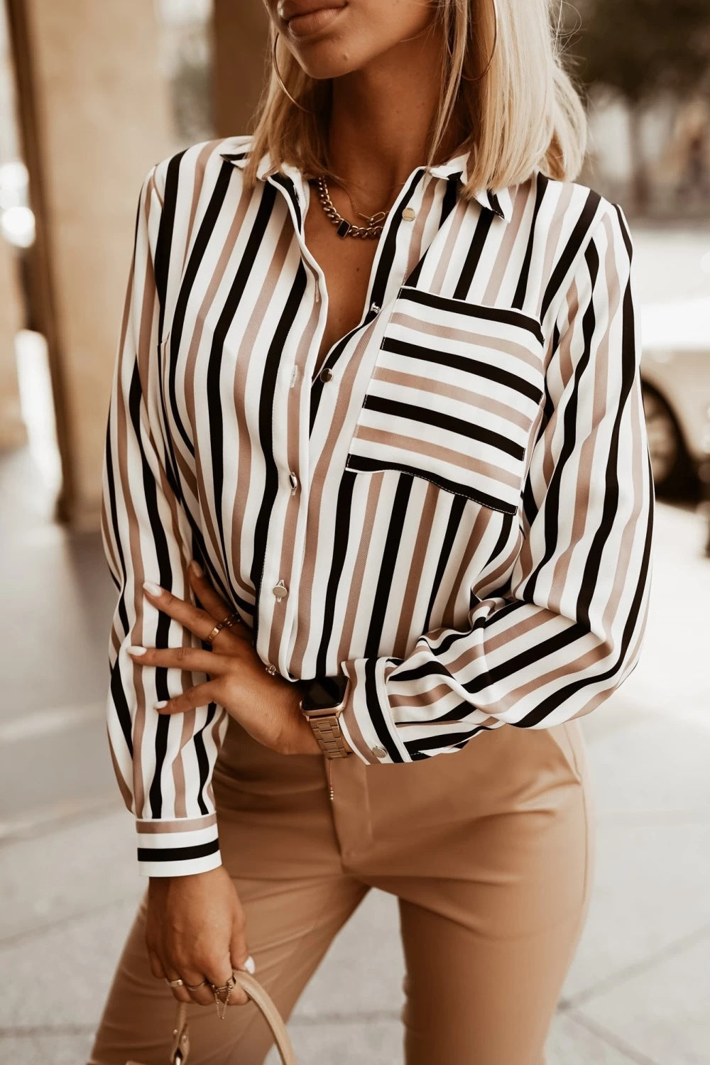 Striped Women's Shirt - V-Neck and Long Sleeves