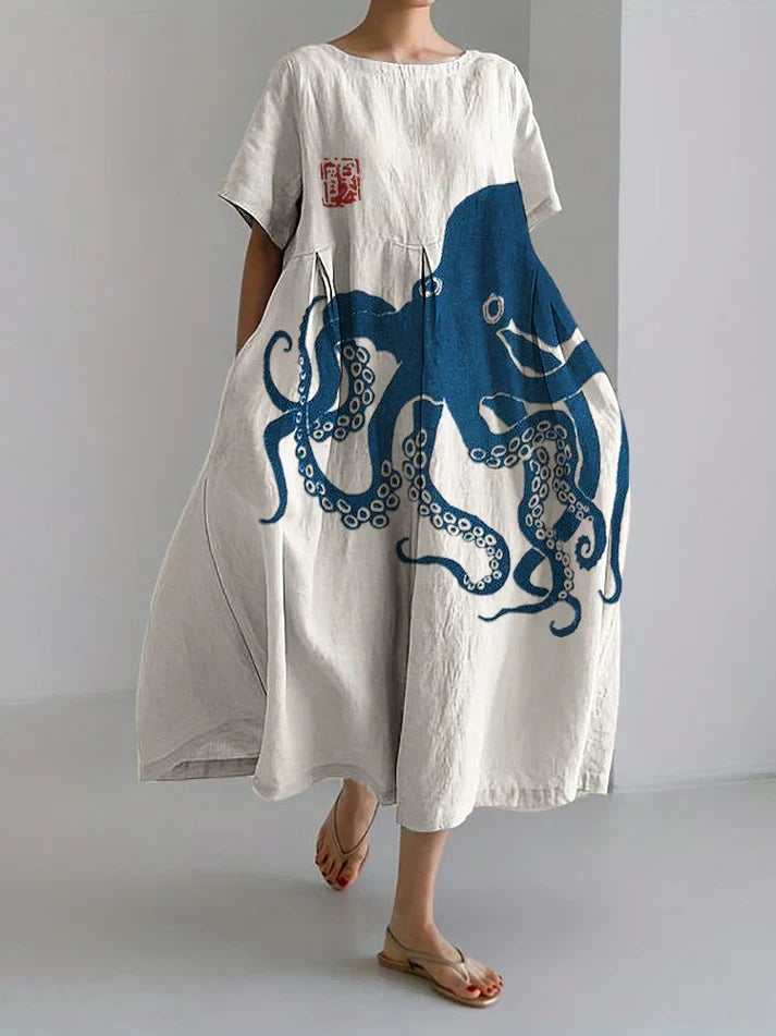 Women's Elegant Japanese Octopus Print Maxi Dress