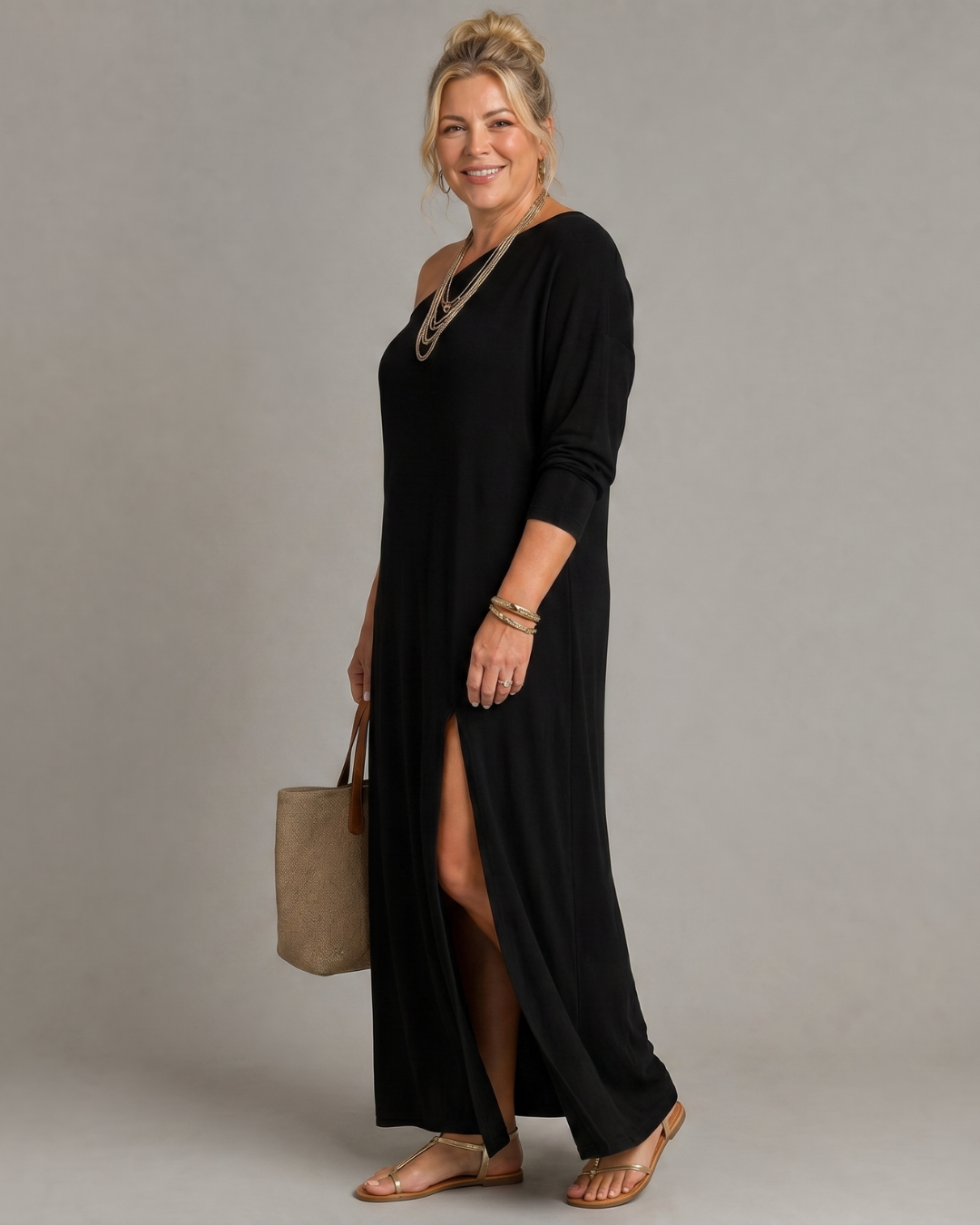 Asterelle One Shoulder Side Slit Flowing Midi Dress - Elena Harper