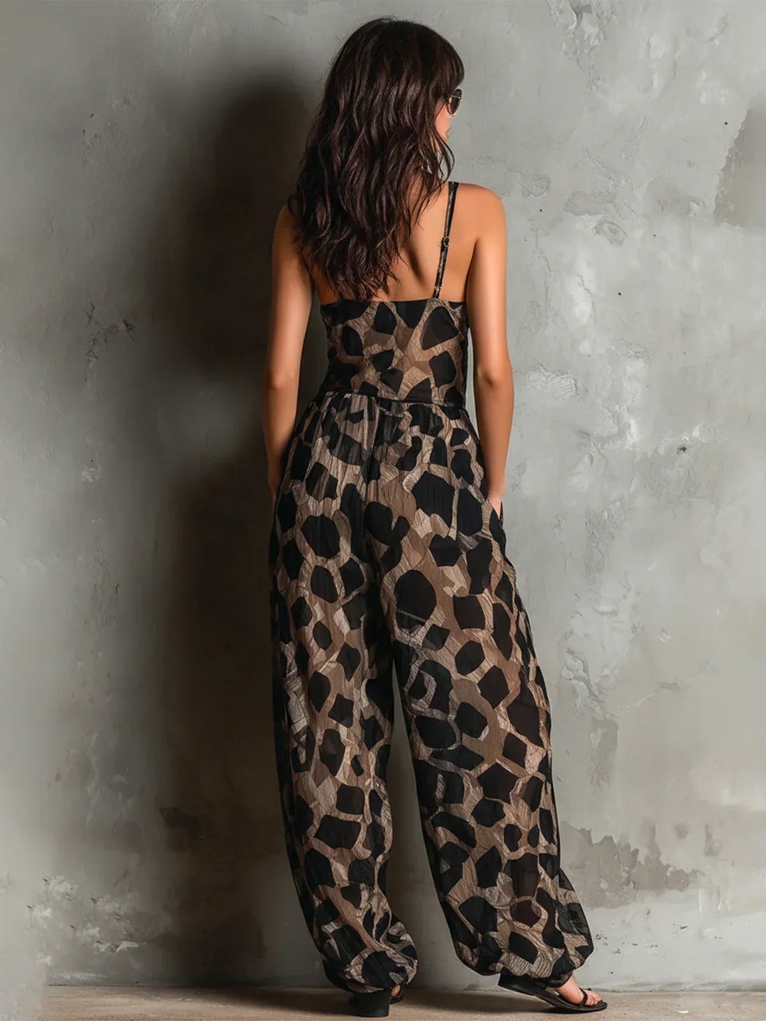 Women's animal print jumpsuit with thin straps and wide legs