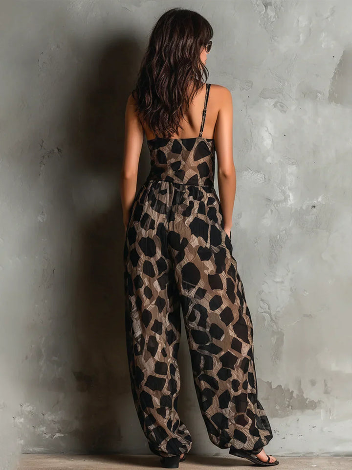 Women's animal print jumpsuit with thin straps and wide legs