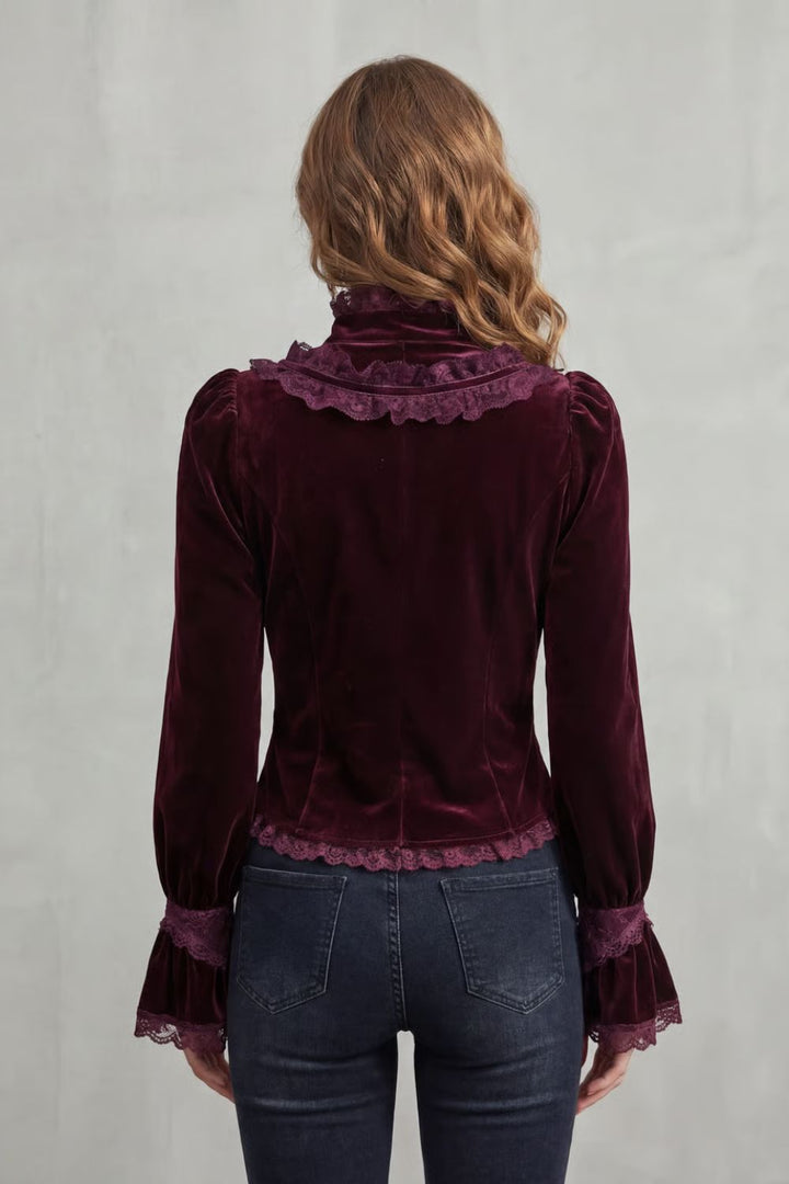 Women's Velvet Blouse with Ruffled Lace High Neck Stellienne, view 3 - Elena Harper
