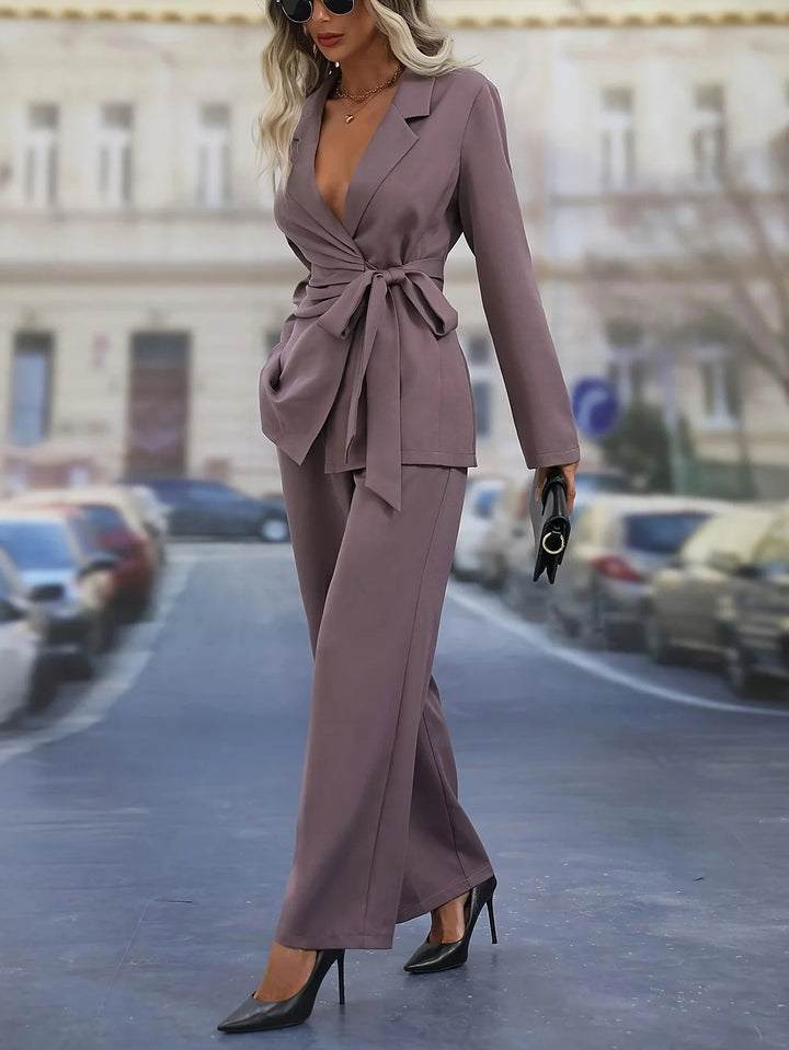 Women's Tailored Blazer Suit Set with Tie Waist Belt, view 4 - Elena Harper