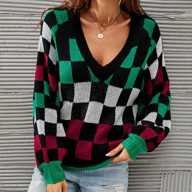 Contrast Color Checked Pullover