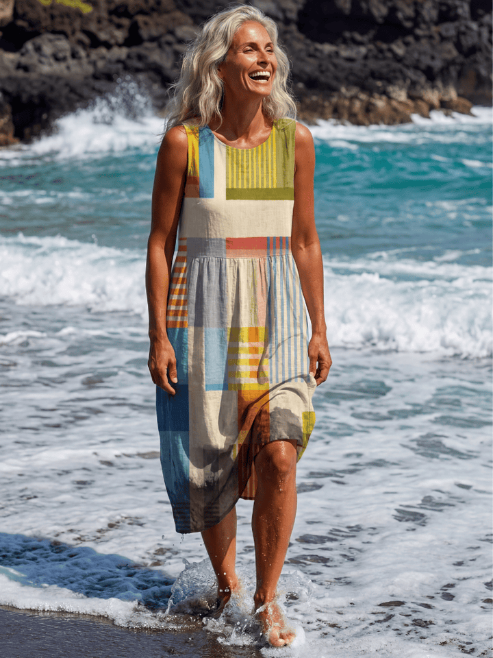 Esme™ Painted Block Midi Dress by Emma & Rose Cape Town, featuring a colorful painted block pattern and midi length.