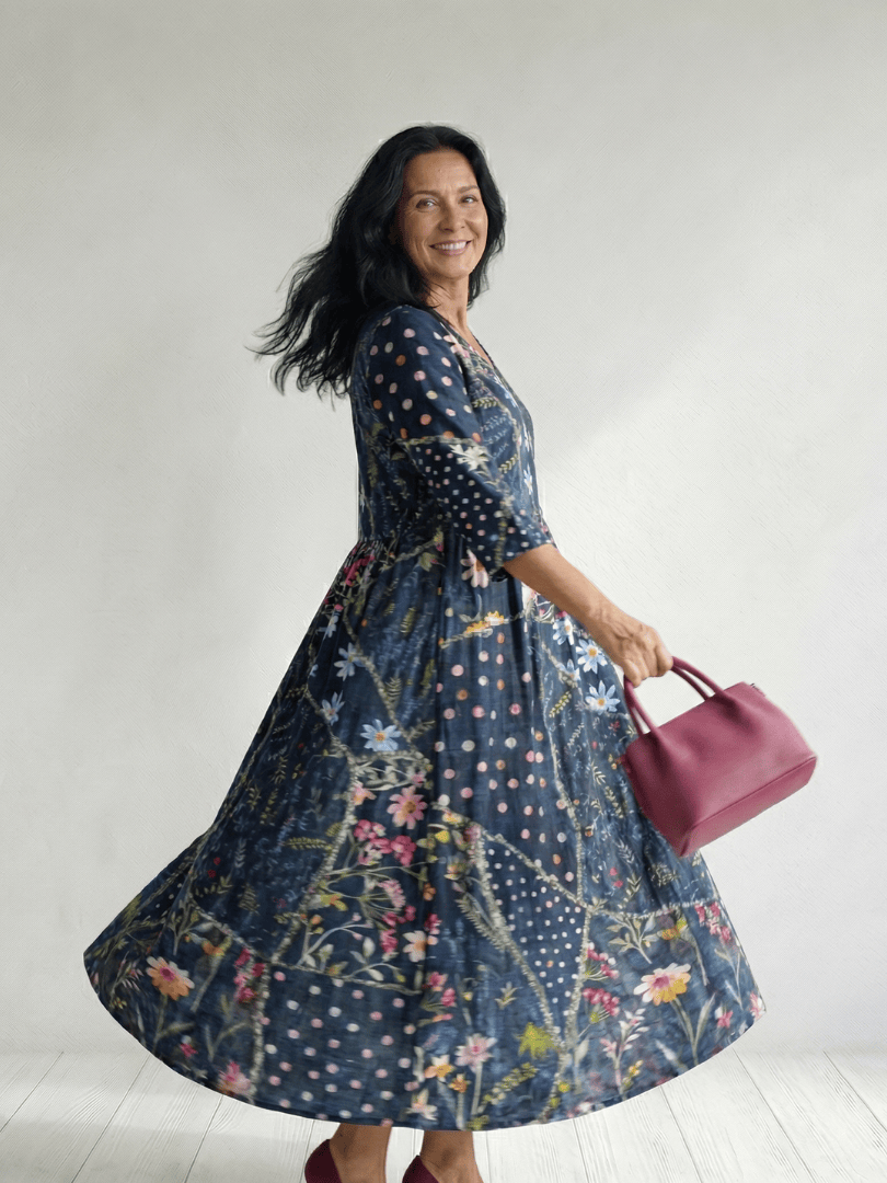 Zane™ Gather Floral Midi Dress by Emma & Rose Cape Town, featuring a flowy fabric with a floral pattern and midi length.